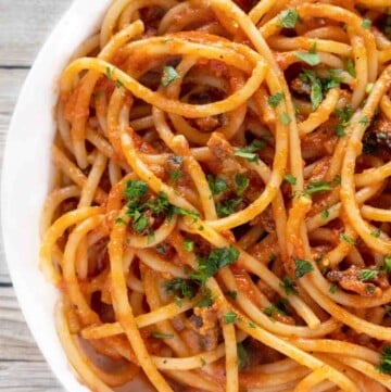 partial view of bucatini all' amatriciana in a white bowl