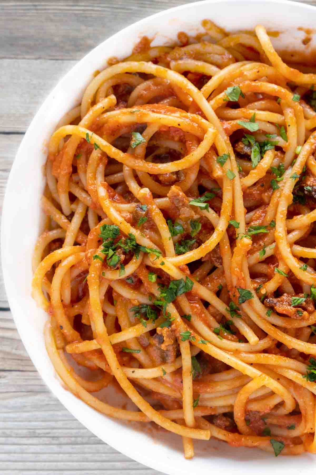 partial view of bucatini all' amatriciana in a white bowl