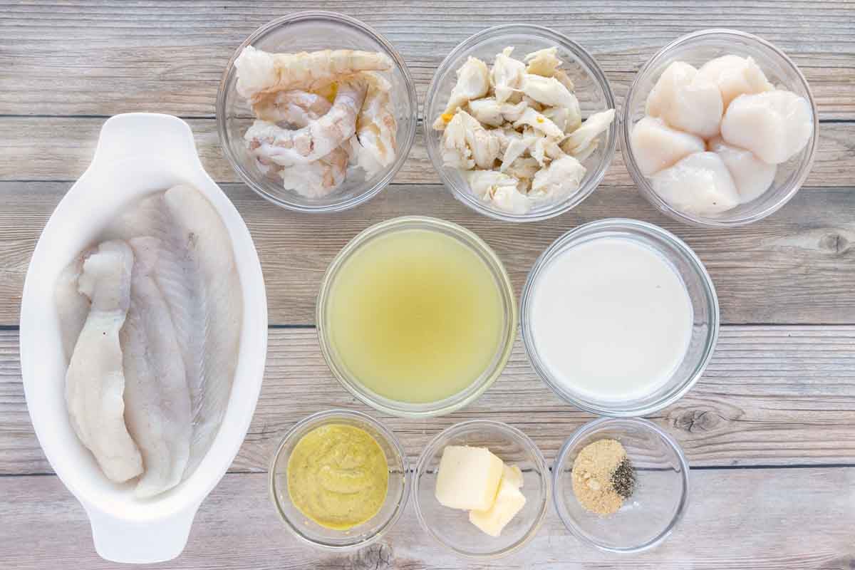 Ingredients to make baked seafood casserole