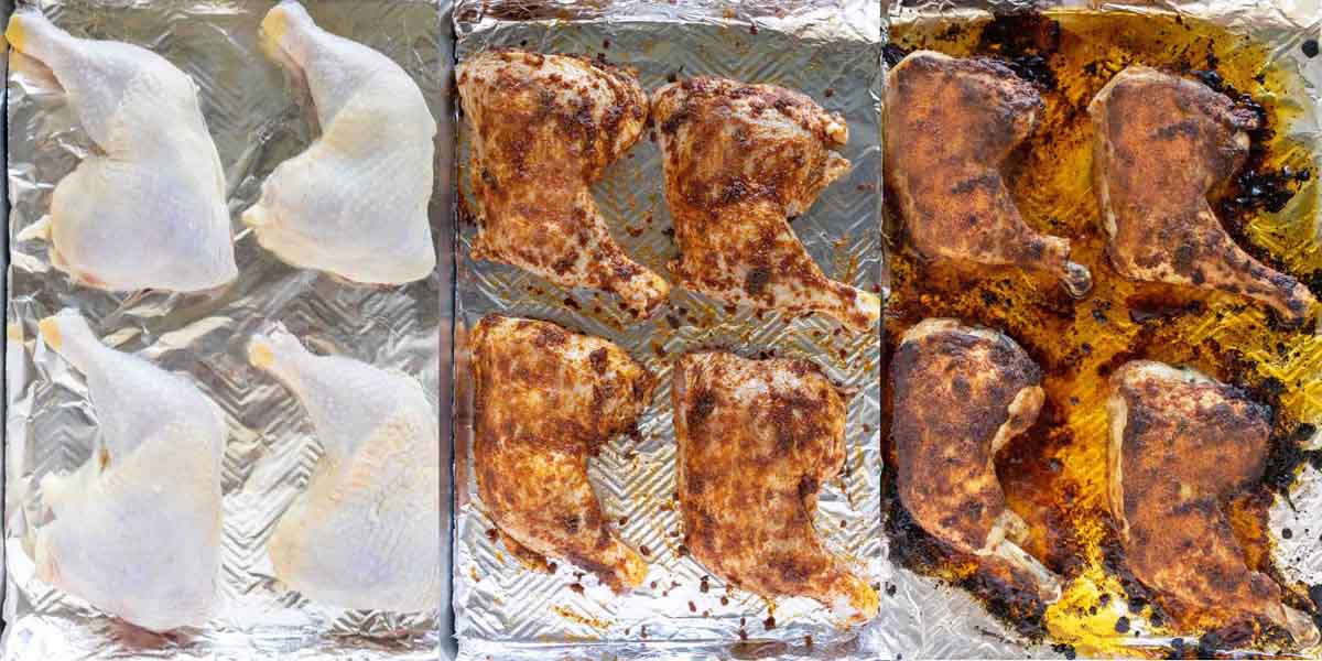 three images showing how to prepare and bake chicken leg quarters