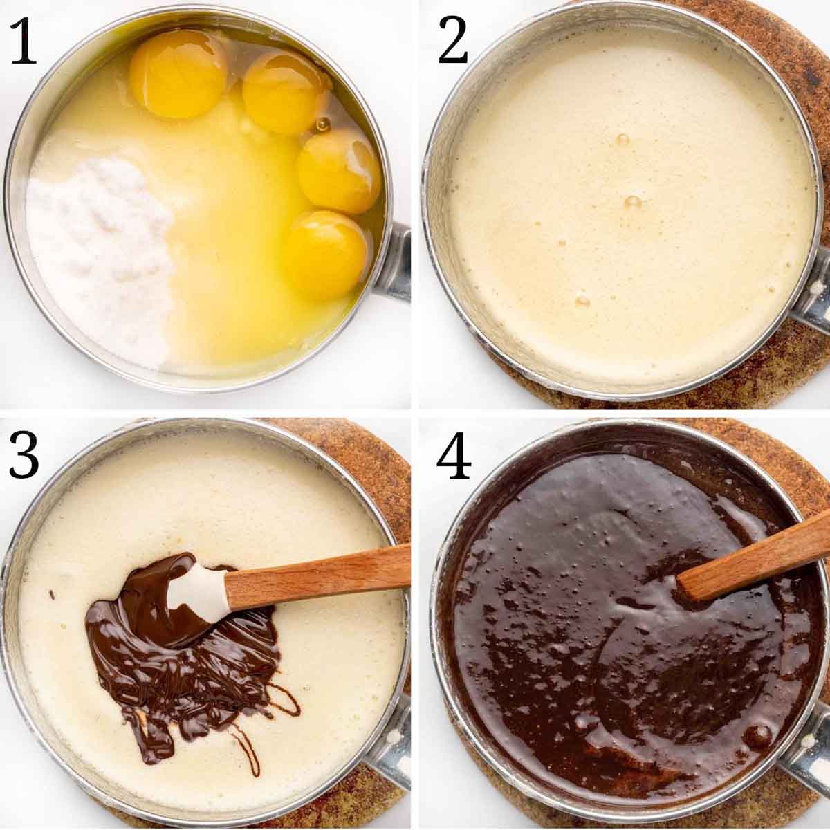 4 images showing how to make a chocolate silk pie