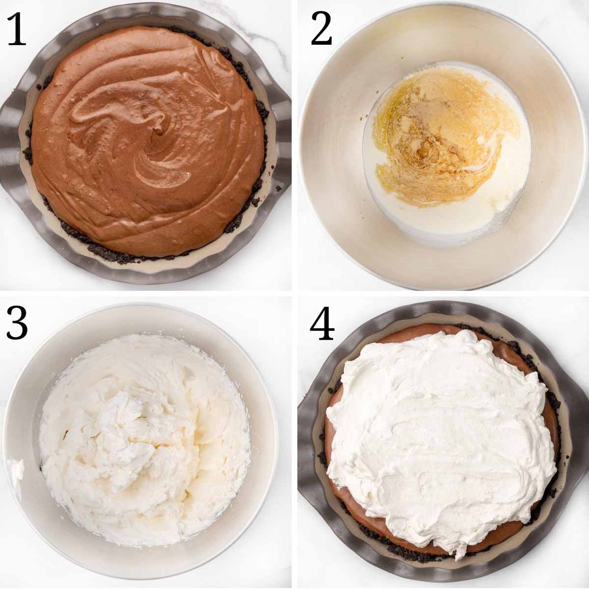 four images showing how to finish making and assemble a french silk pie