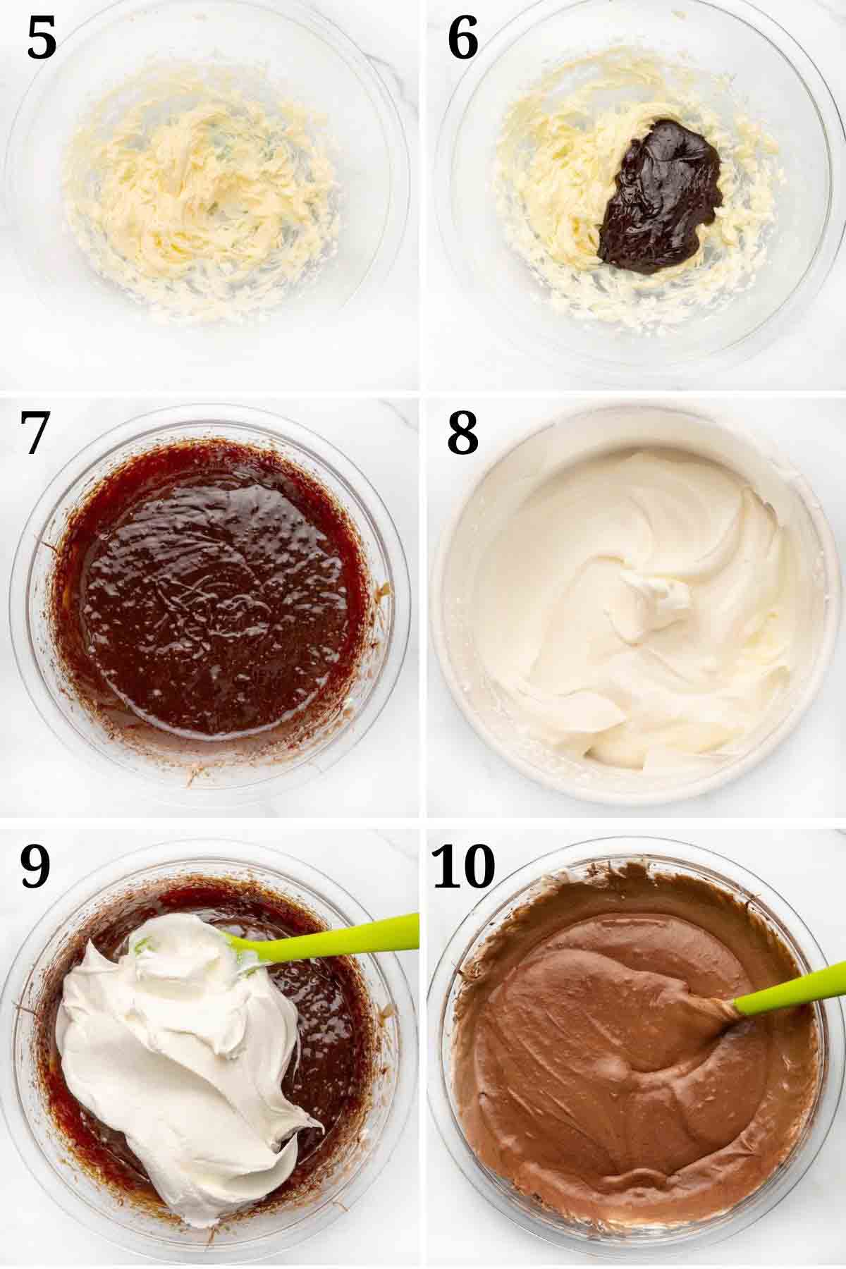 6 images showing how to finish making a french silk pie