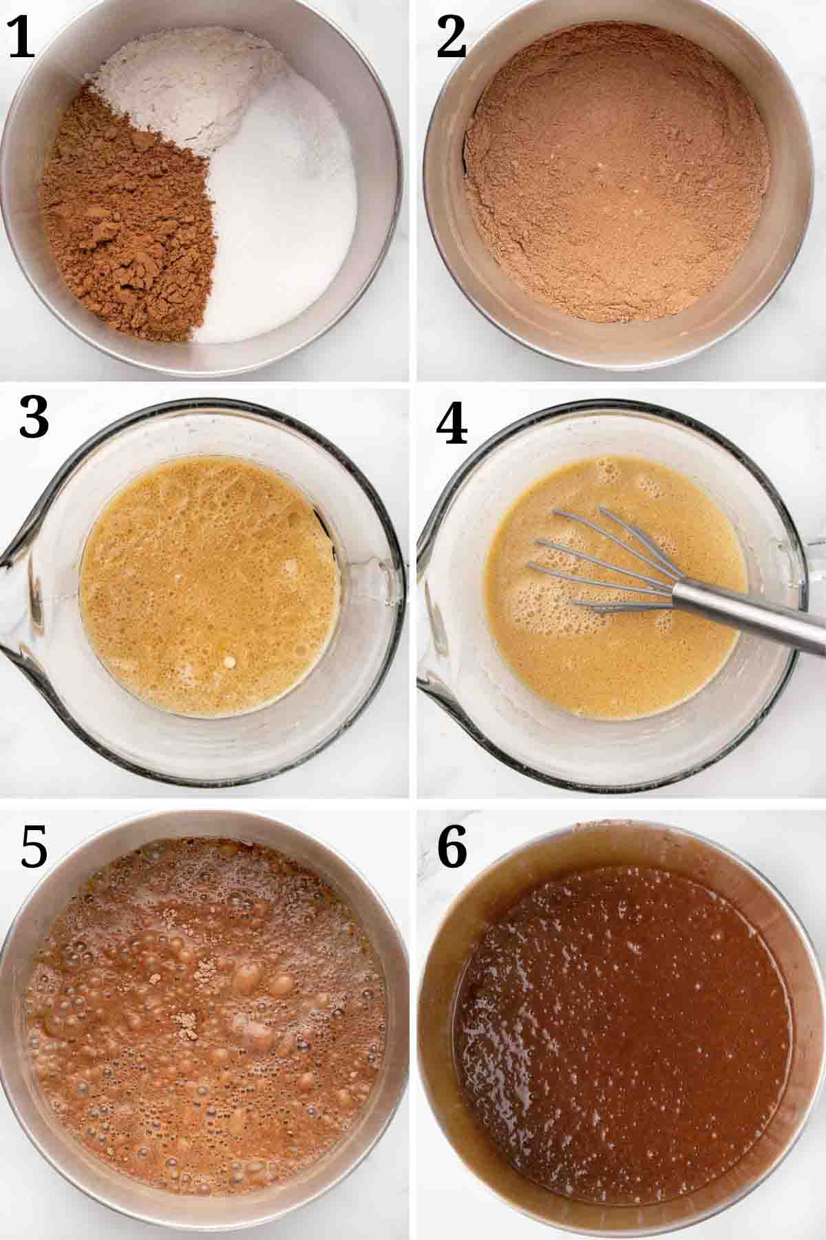 6 images showing how to make chocolate cake batter.