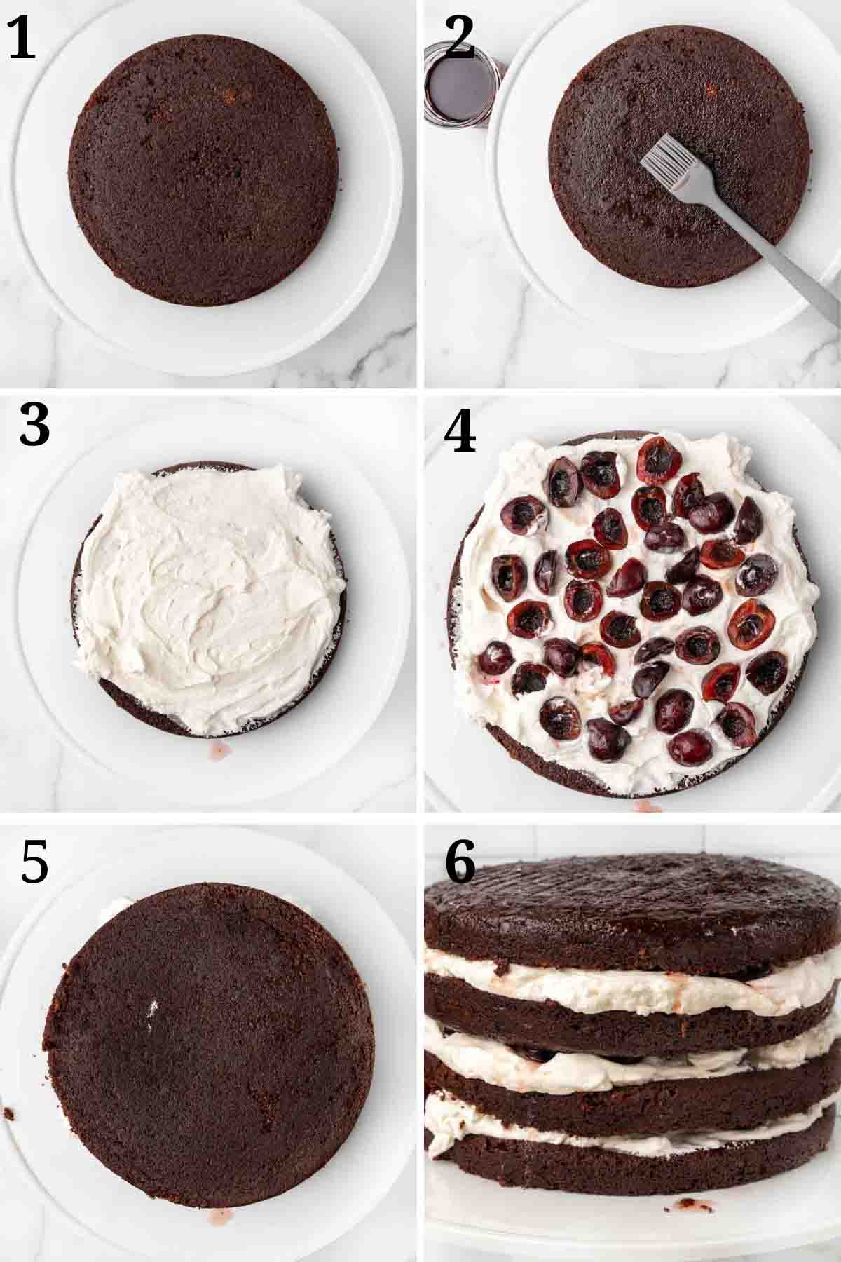 6 images showing how to assemble black forrest cake