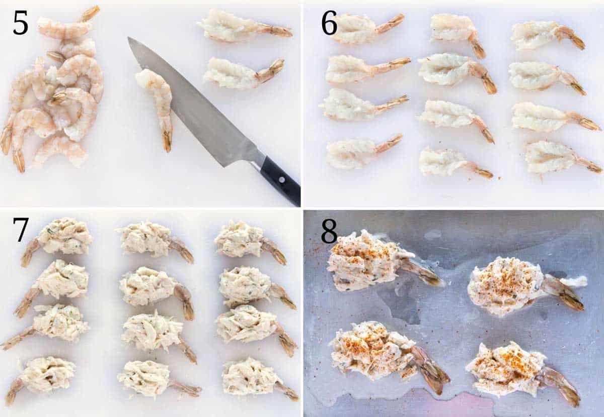 foru images showing how to prepare and stuff shrimp