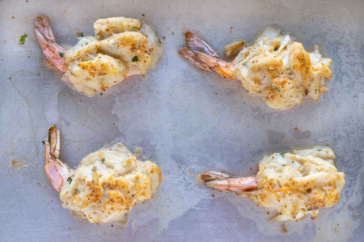 baked stuffed shrimp on a sheet pan