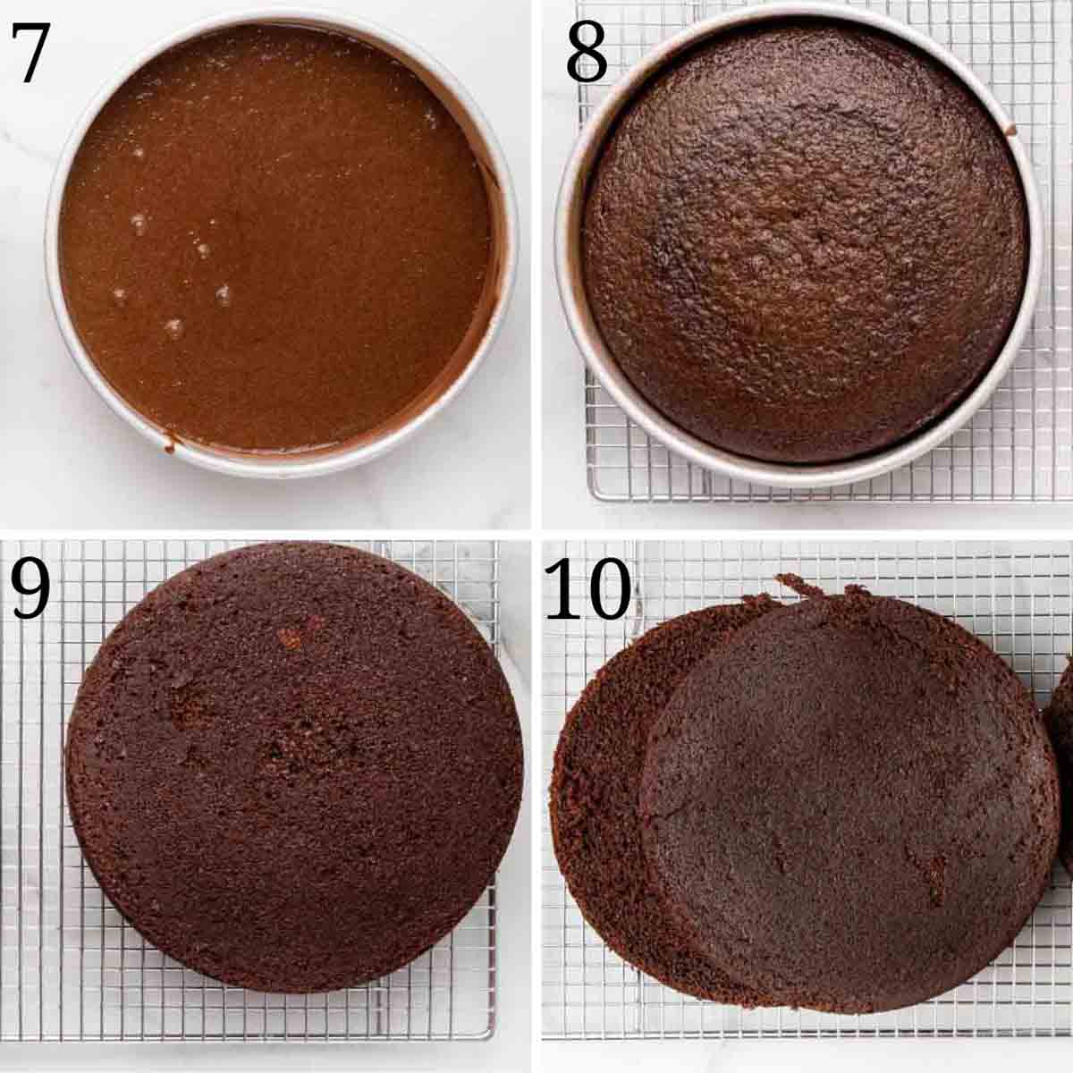 4 images showing baking and cooling cake