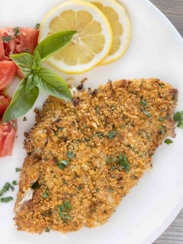 baked panko parmesan flounder on a white plate with lemons and tomatoes