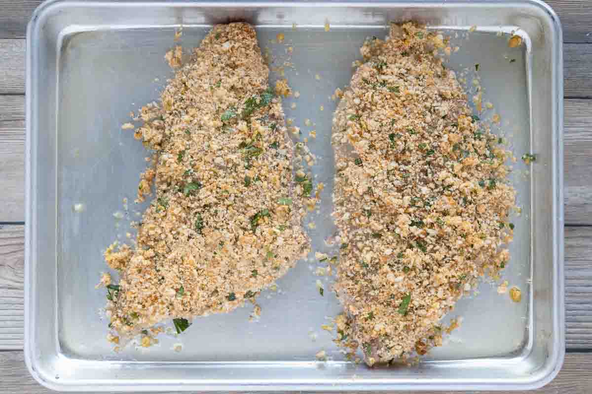 panko parm crusted flounder on an oiled sheet pan