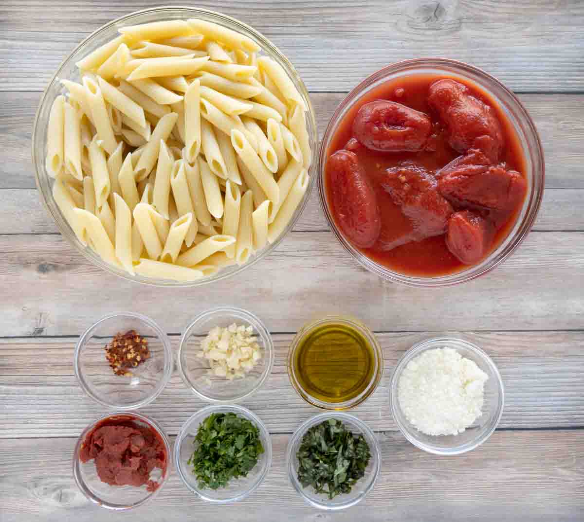 Ingredients to make Arrabbiata Sauce with Penne