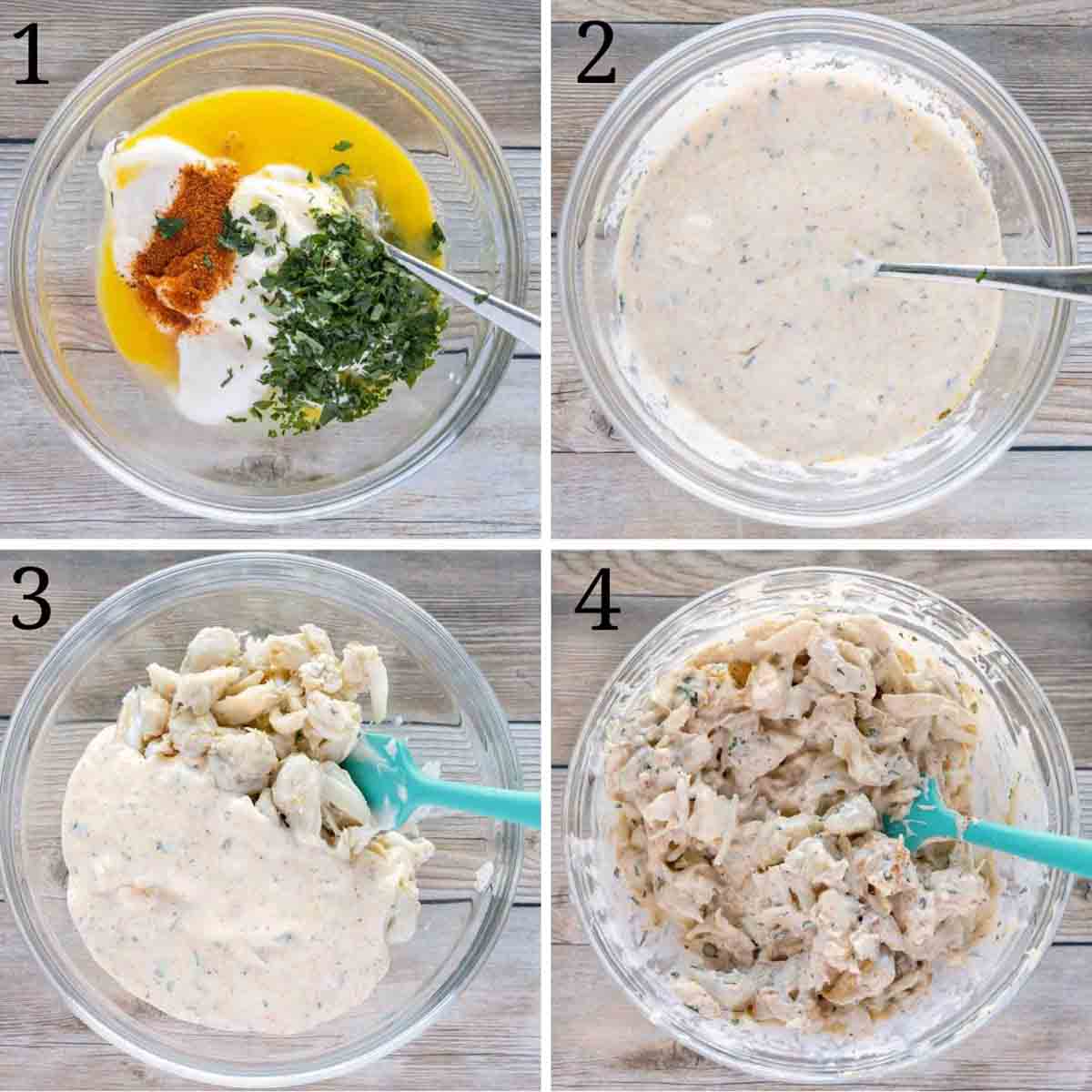 four images showing how to make crab meat stuffing for shrimp