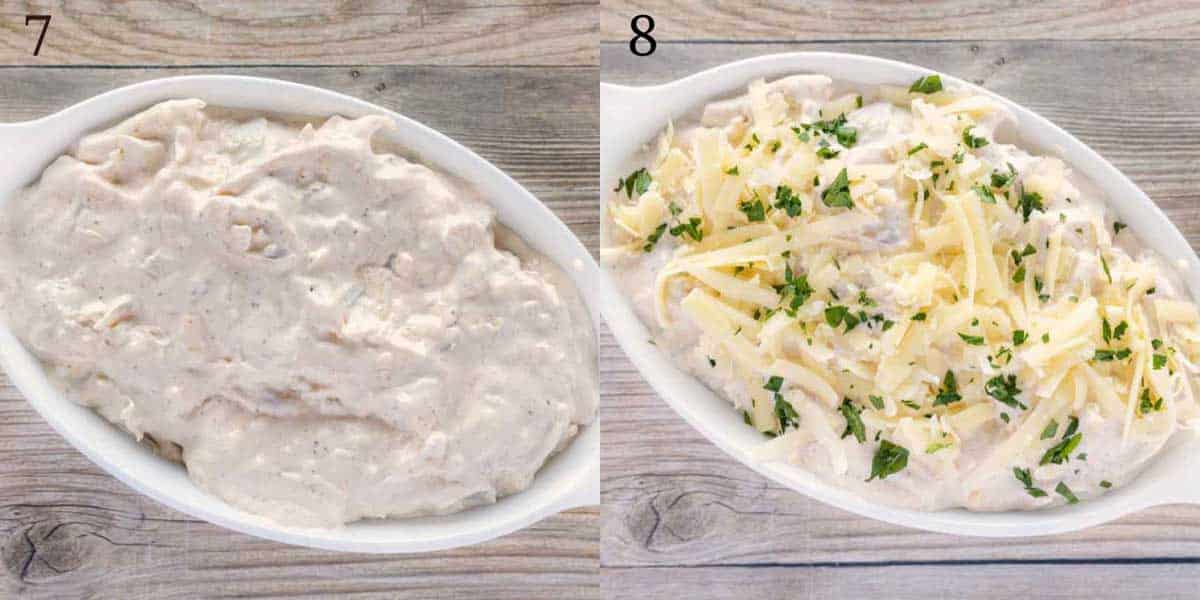two images showing how to set up dip in casserole dishes
