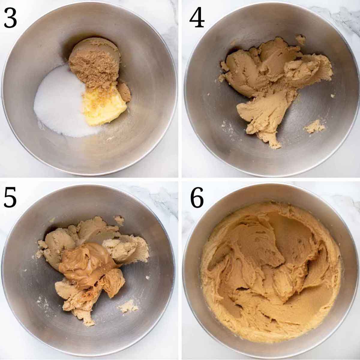 4 images showing how to begin to make peanut butter cookies