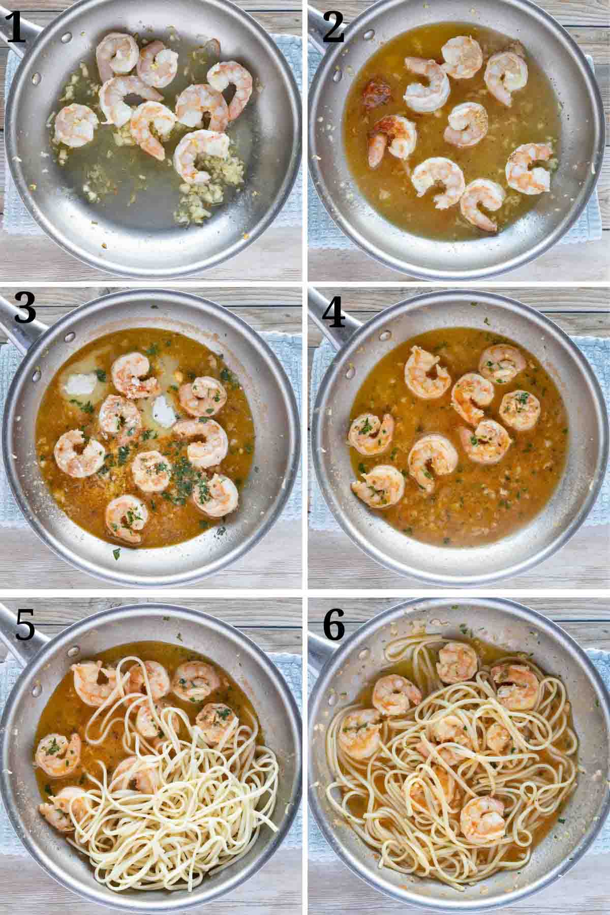 six images showing how to make shrimp scampi.
