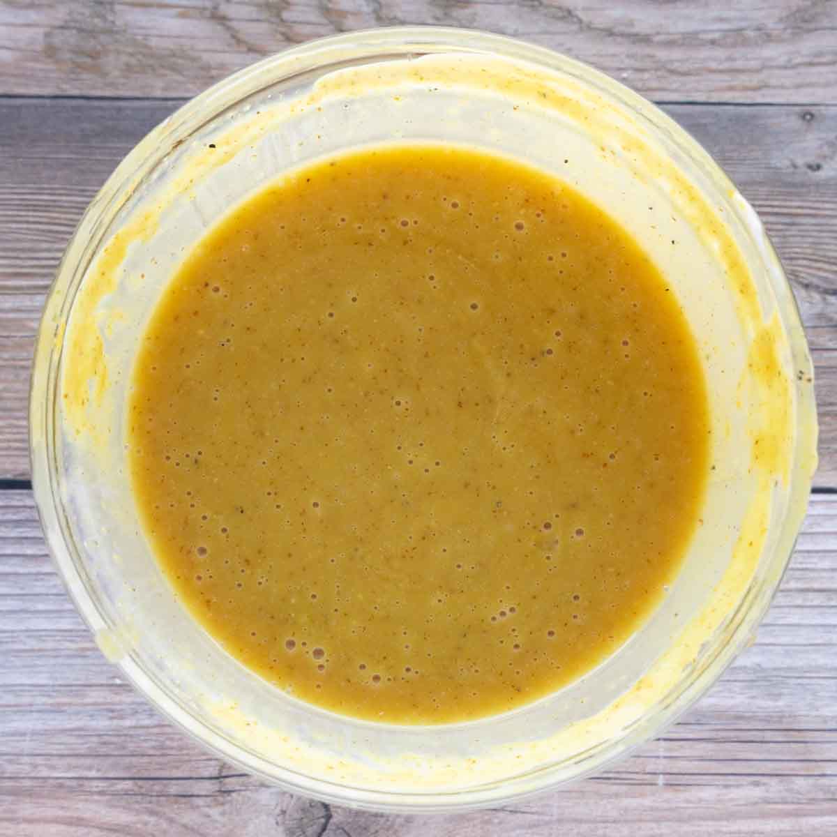 finished honey mustard sauce in glass bowl