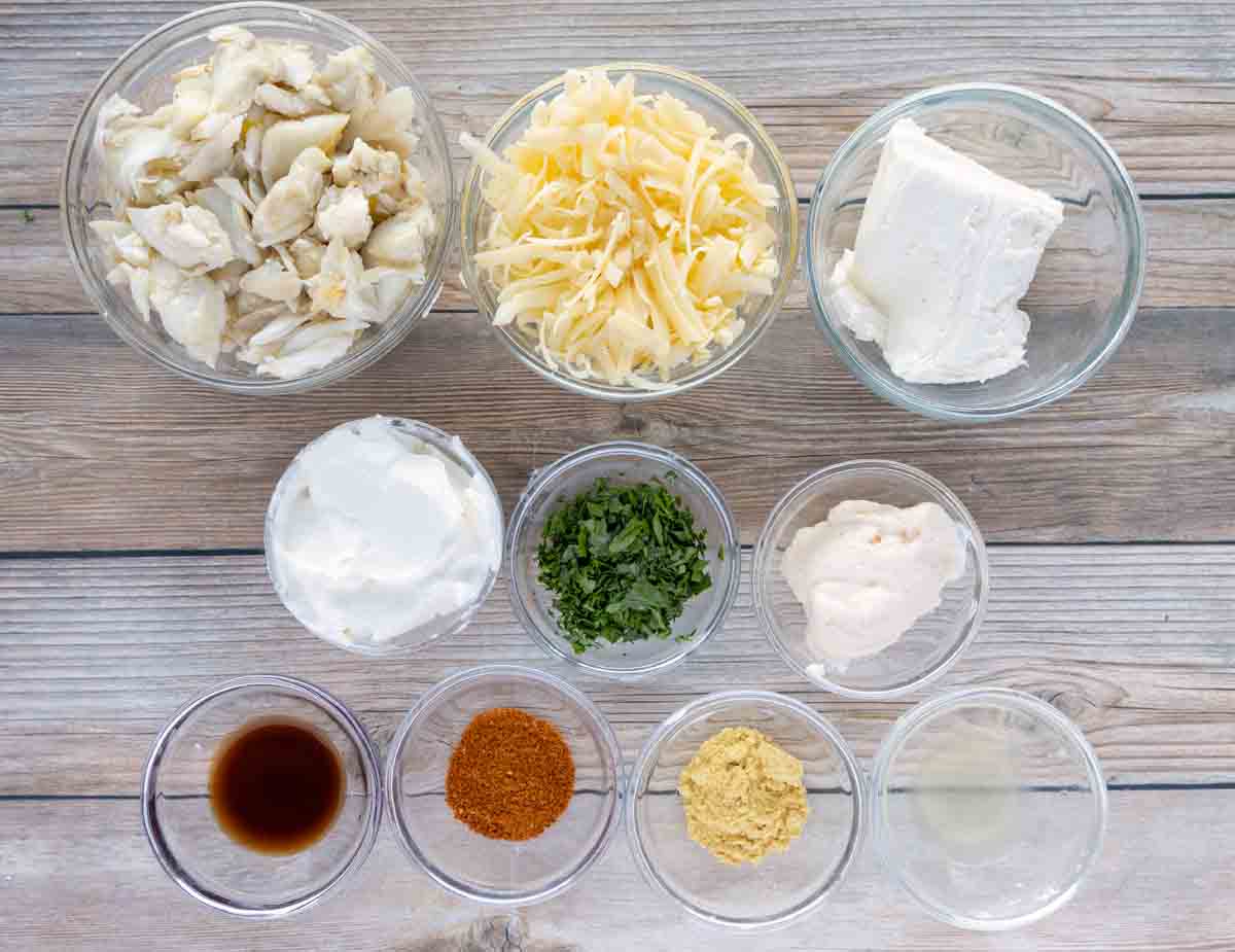 Ingredients to make hot crab dip.