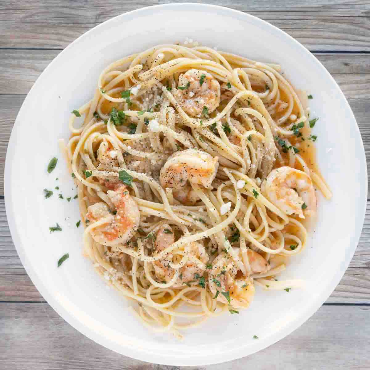 Shrimp Scampi on white plate.