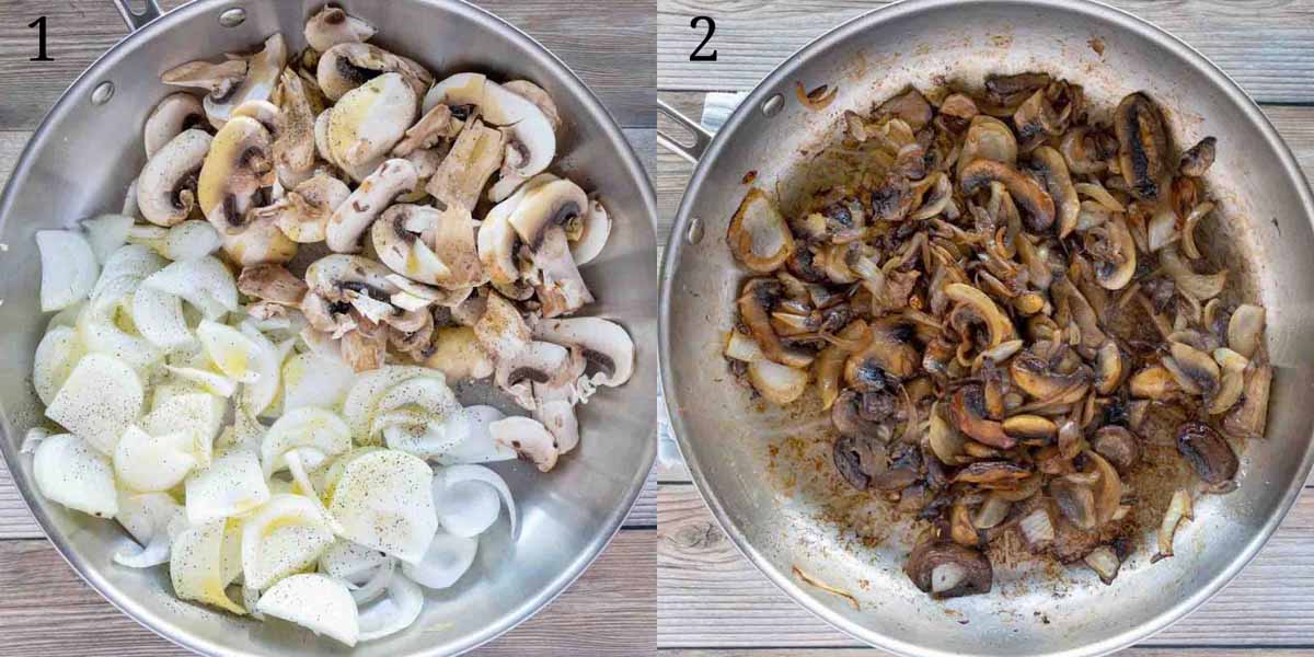 collage showing how to caramelize onions and mushrooms