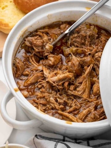 white pot with bbq pulled pork