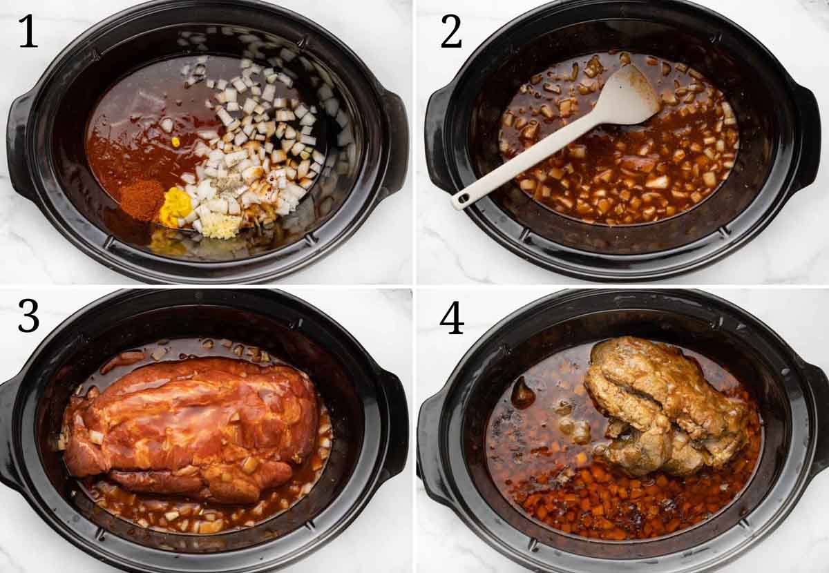 collage of steps to slow cook pork