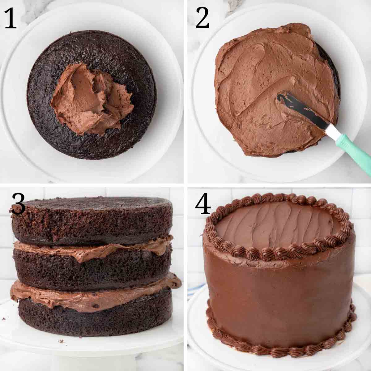 collage showing how to assemble cake