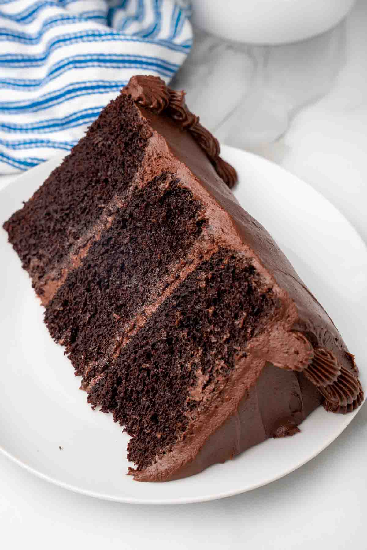 slice of chocolate cake on white plate