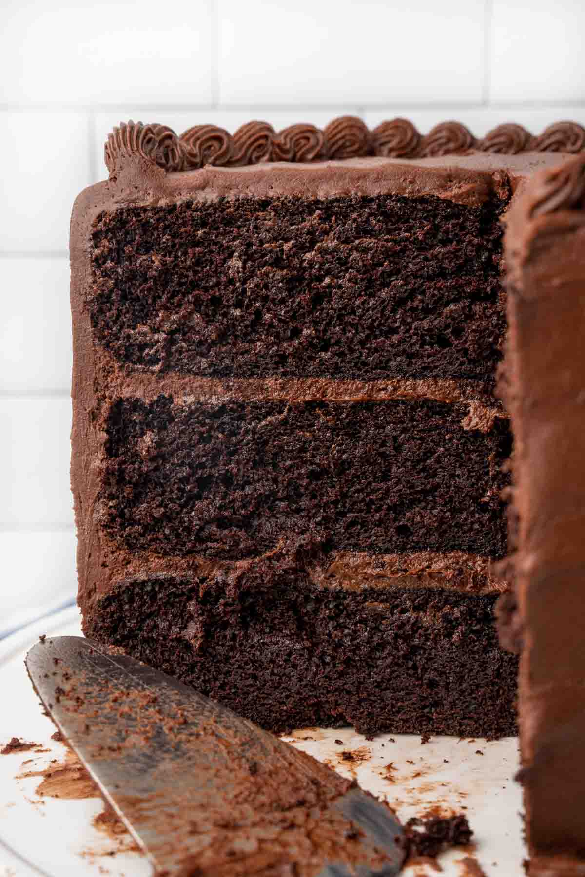 view of cut chocolate cake 