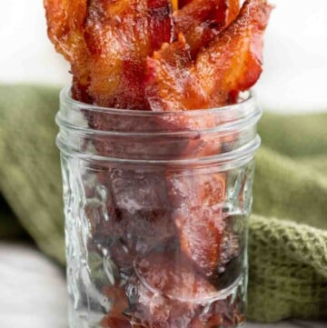 candied bacon in a glass jar