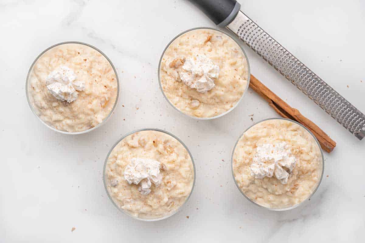 rice pudding in glass dessert cups