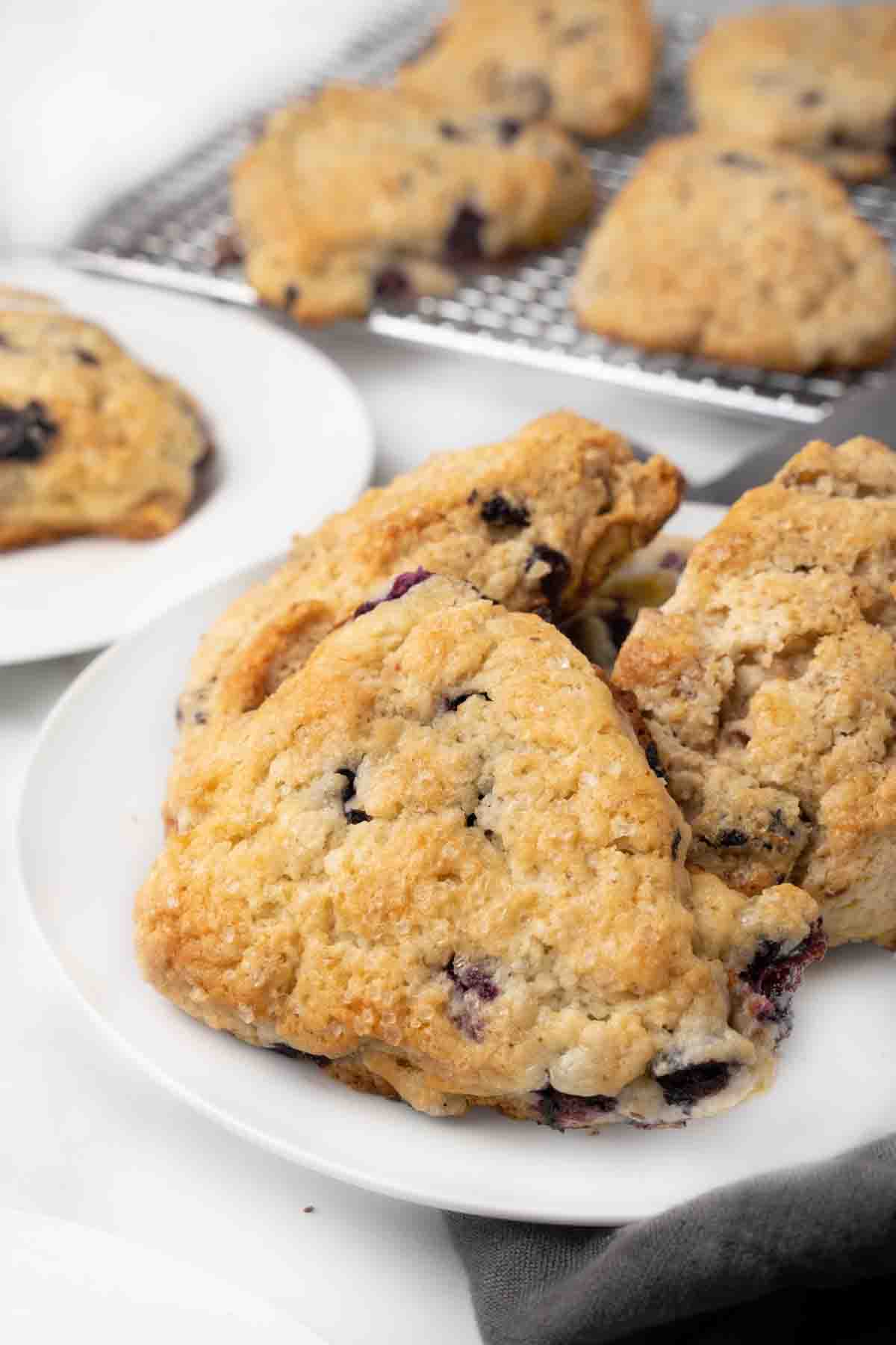 blueberry scones on a white platter with more scones in the background.