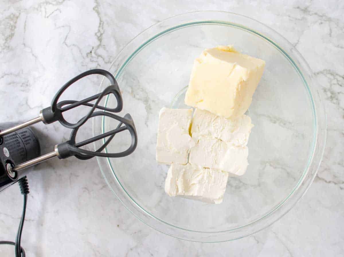 butter and cream cheese in a glass bowl