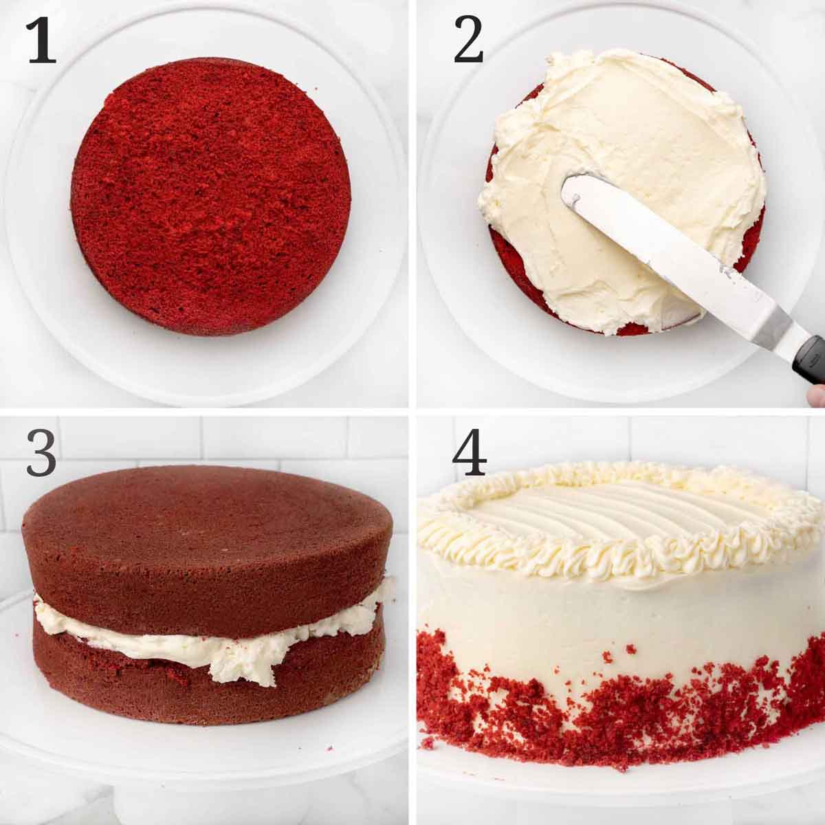 collage showing how to assemble cake