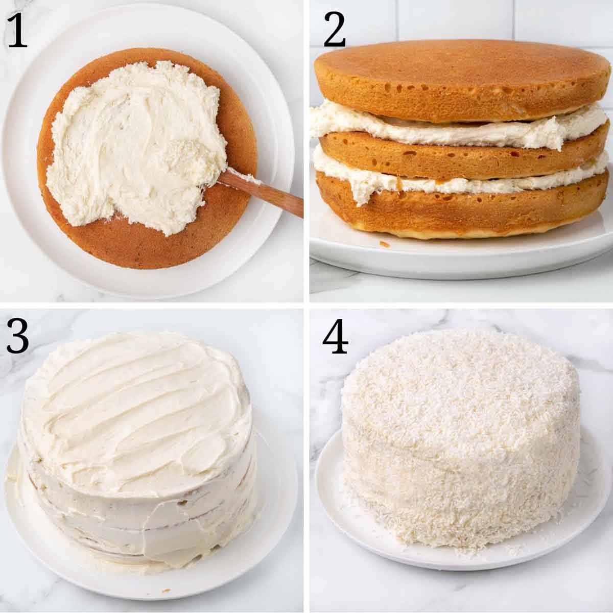 collage showing how to assemble cake.
