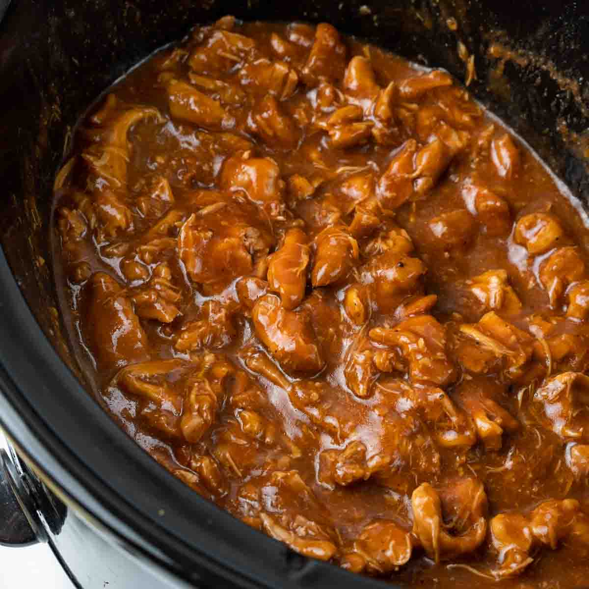 BBQ pulled chicken in slow cooker.