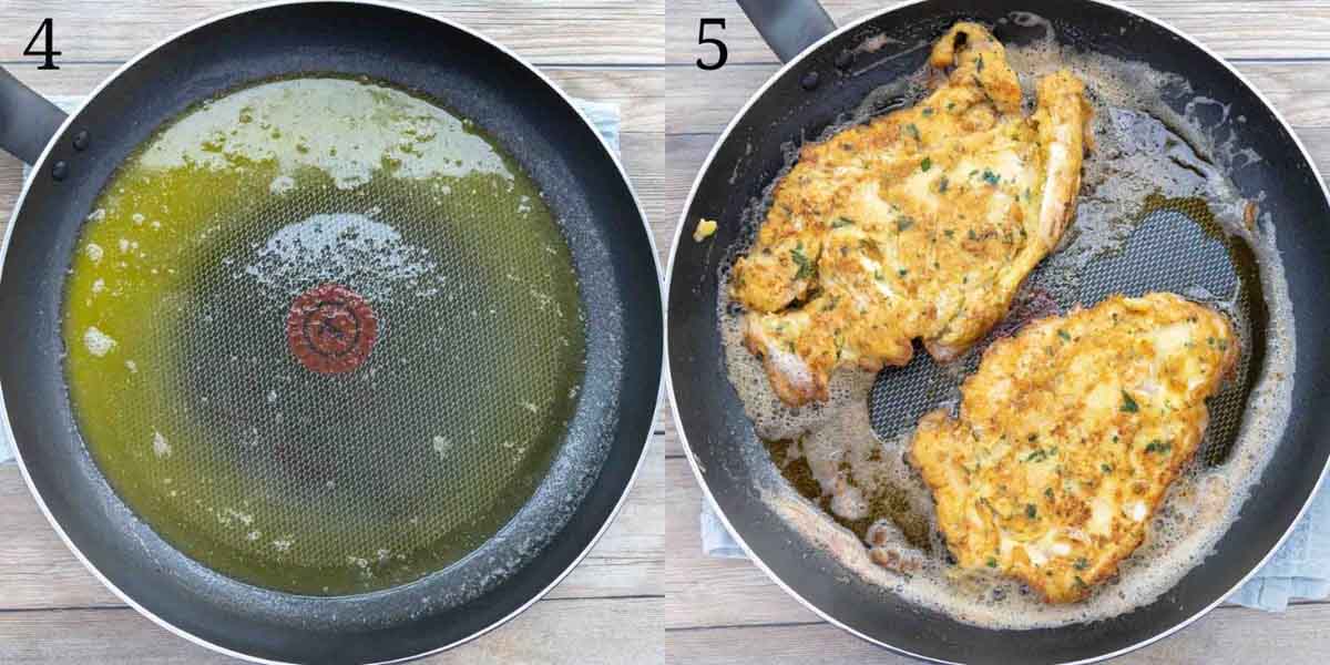 Collage showing chicken cooking in pan. 