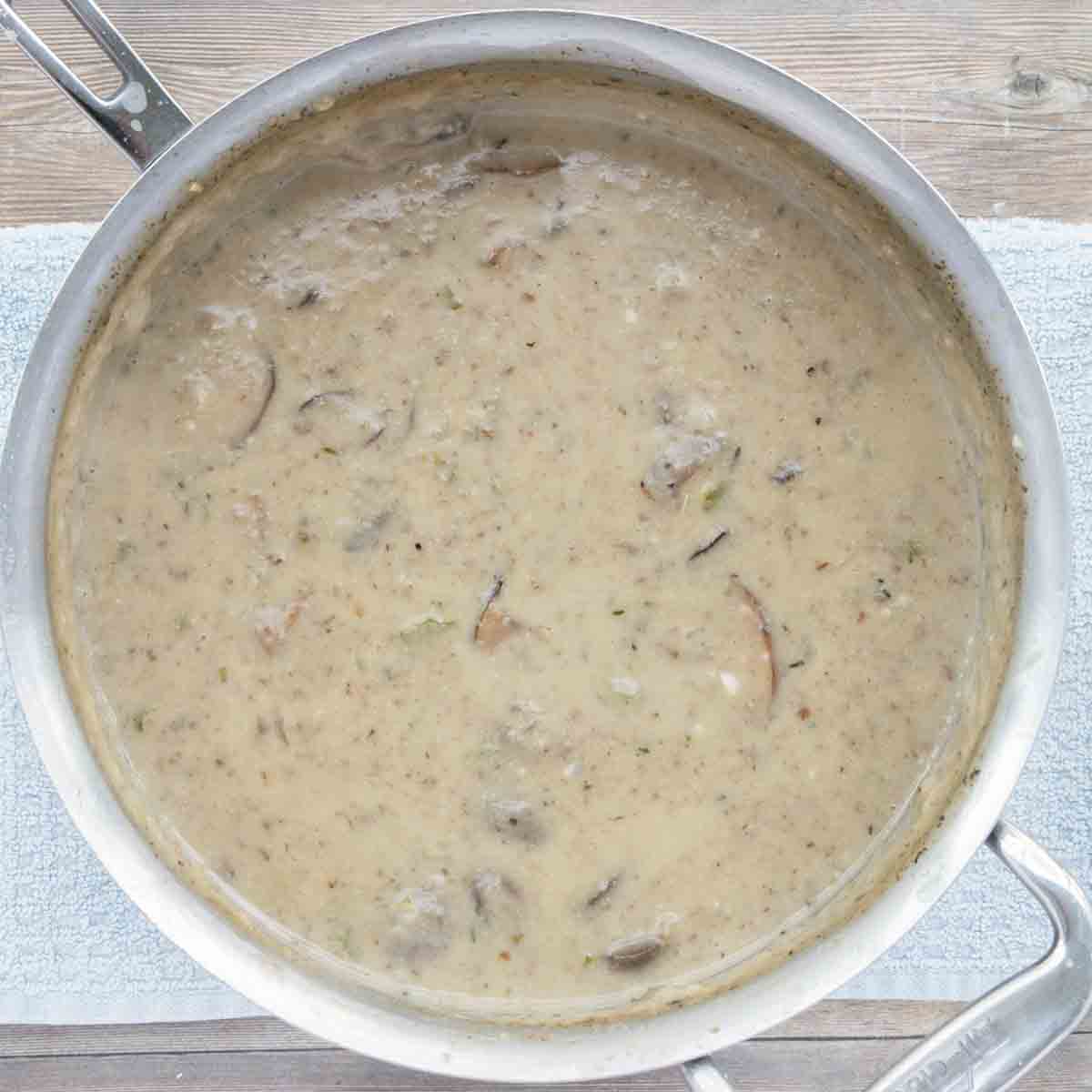 cream of mushroom soup in pot.