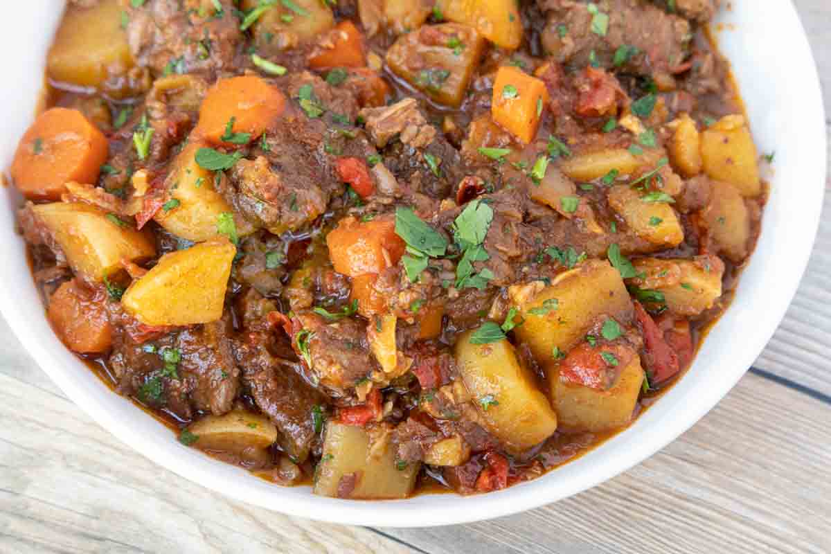 Hungarian Goulash in white bowl