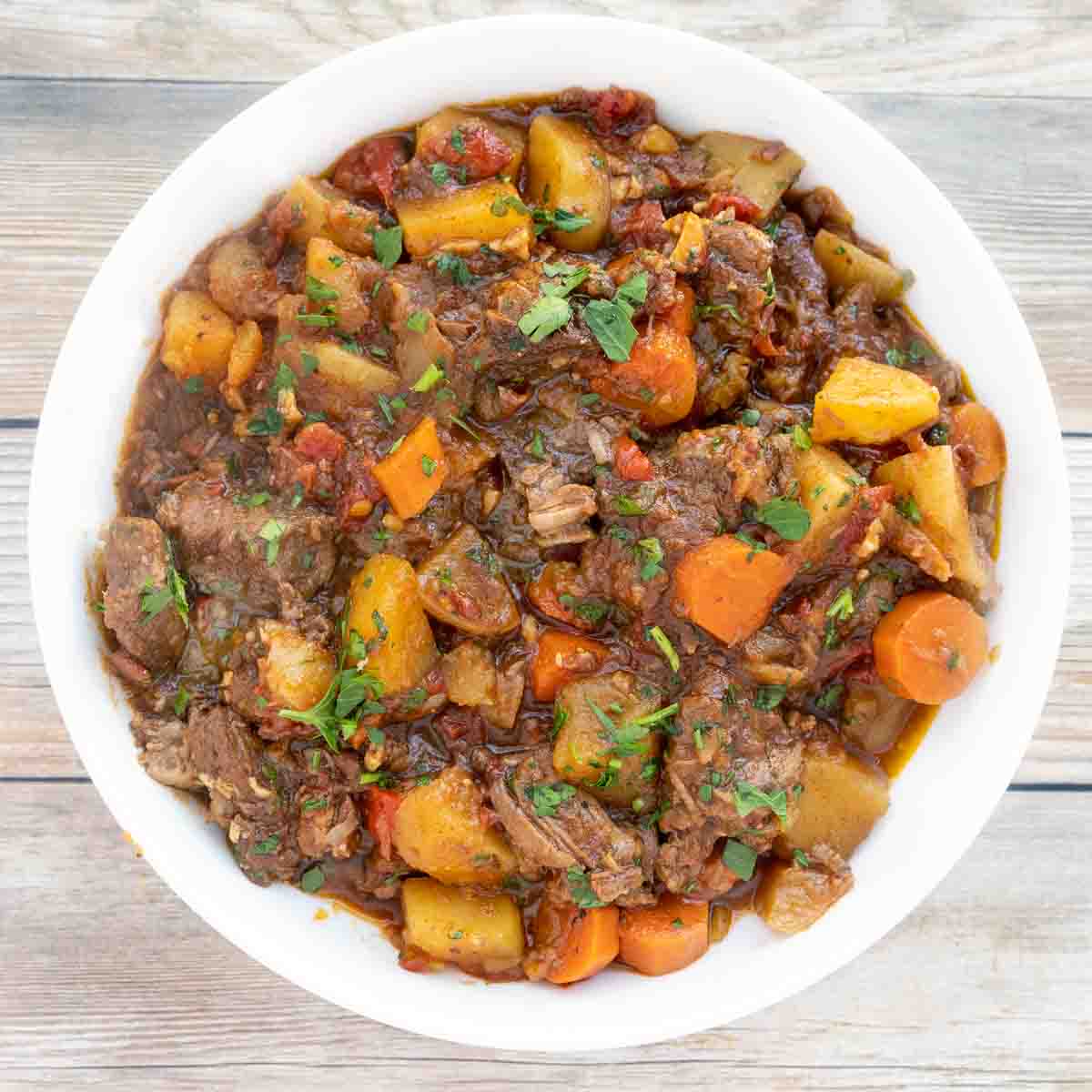 Hungarian Goulash in white bowl