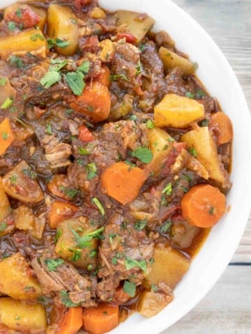 Hungarian Goulash in white bowl