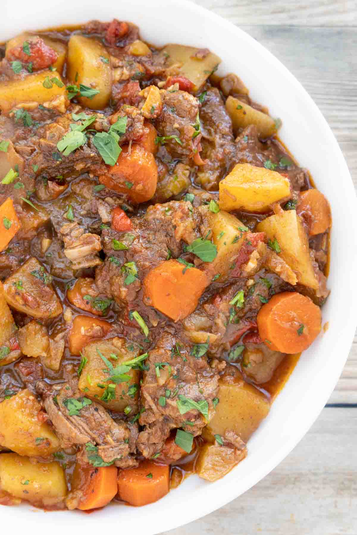 Hungarian Goulash in white bowl