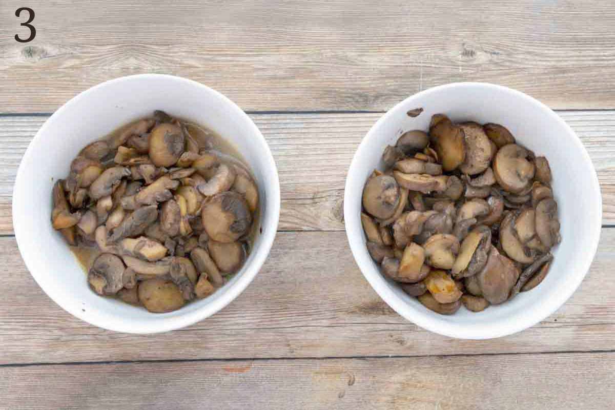 two bowls of cooked mushrroms