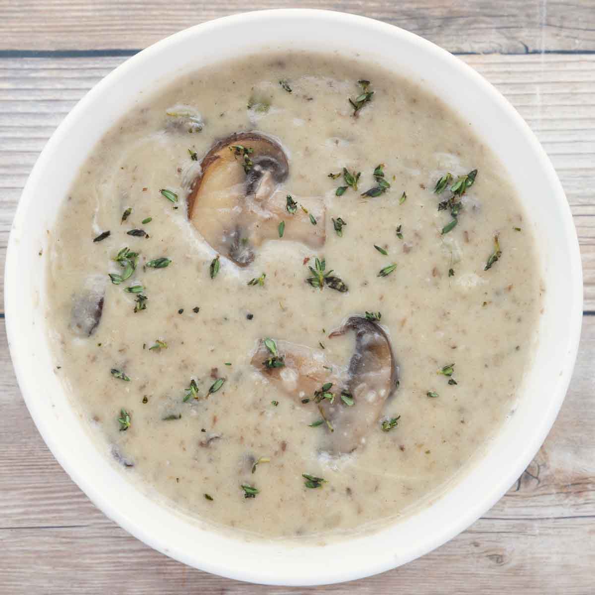 cream of mushroom soup in white bowl.