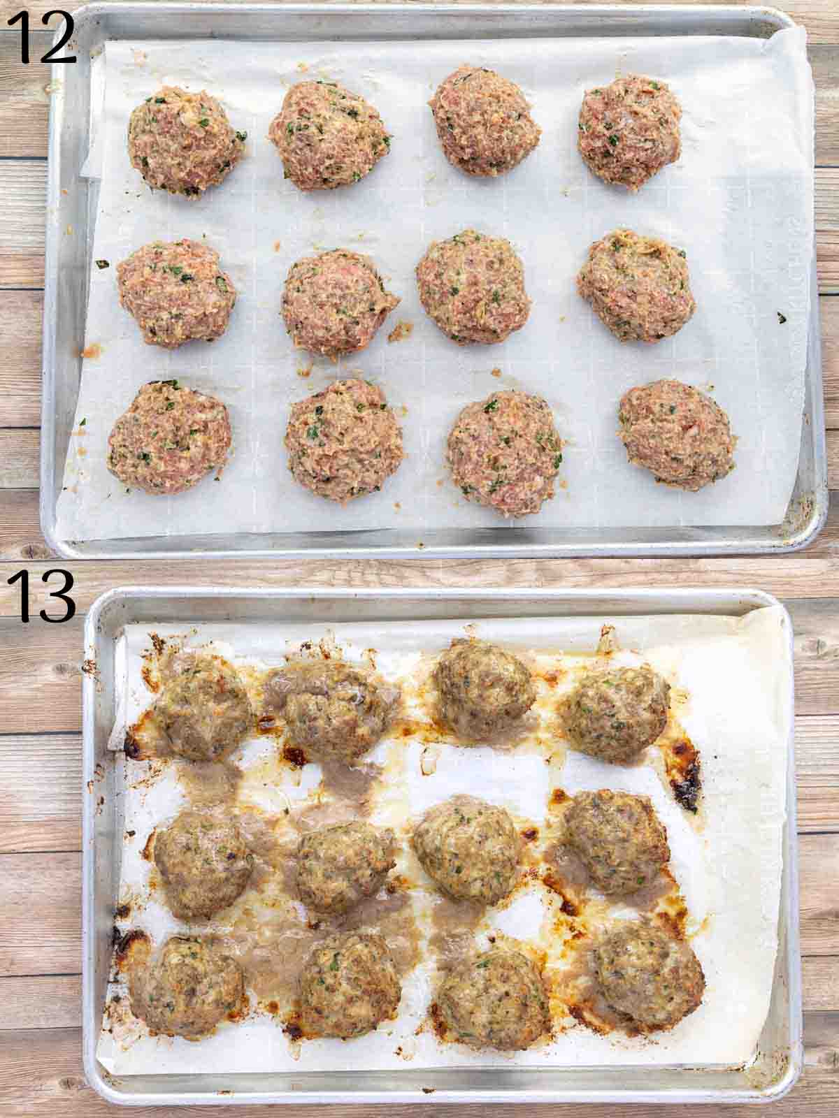 collage of raw and baked meatballs