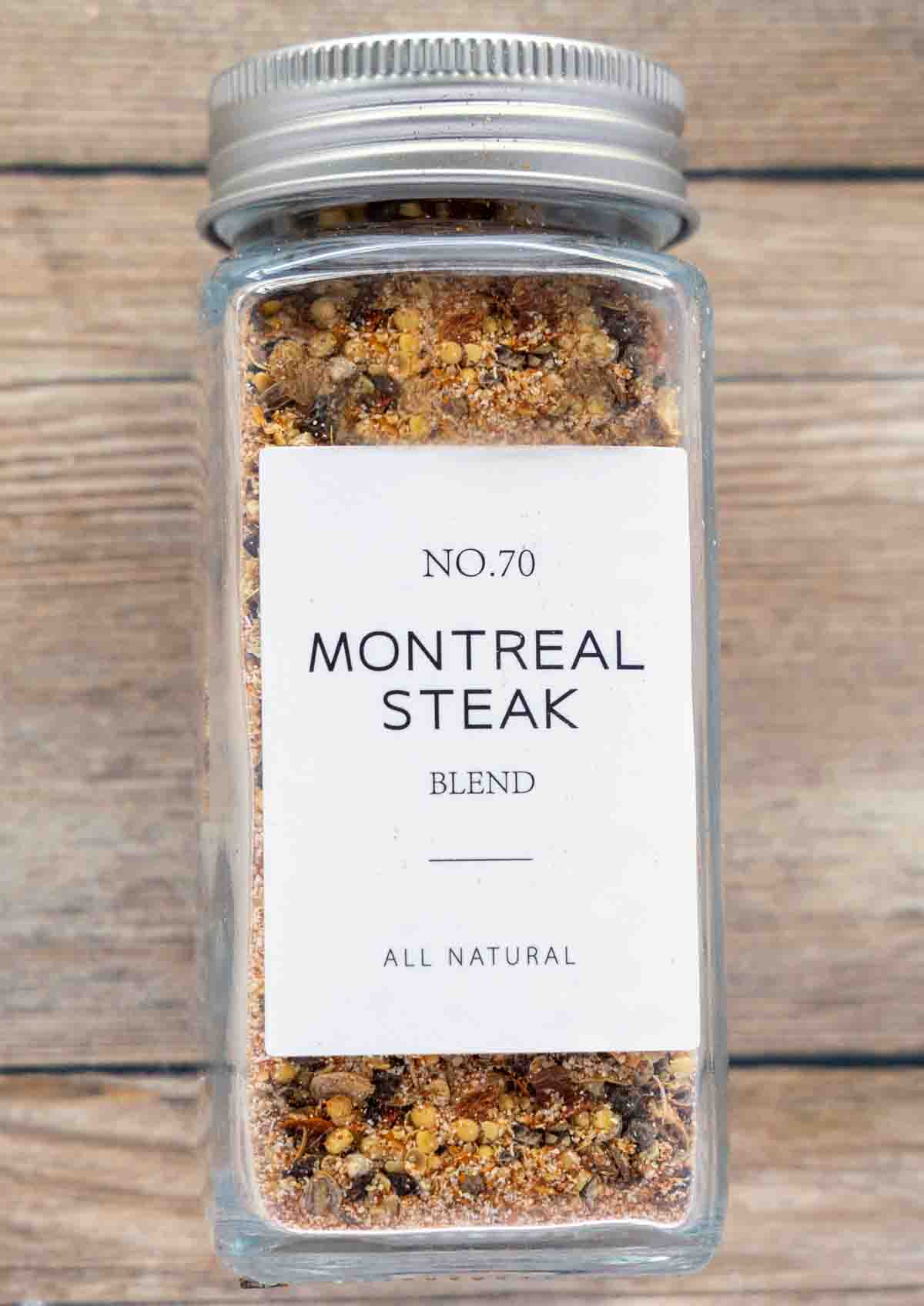 Montreal Steak Seasoning in a glass Jar.