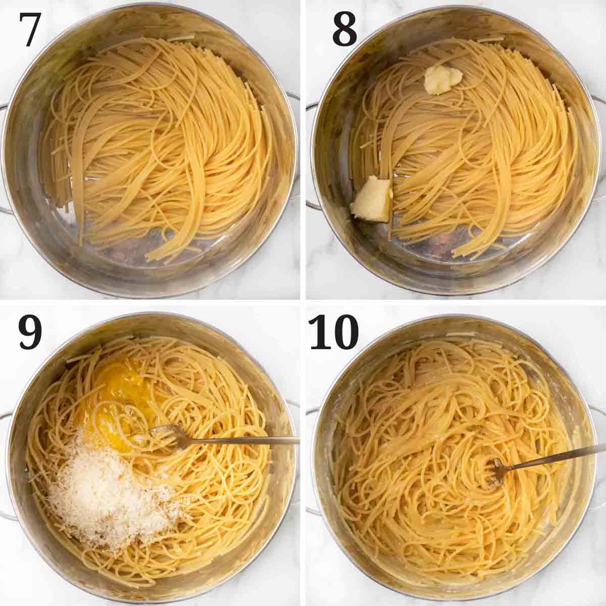 collage showing how to prepare spaghetti.