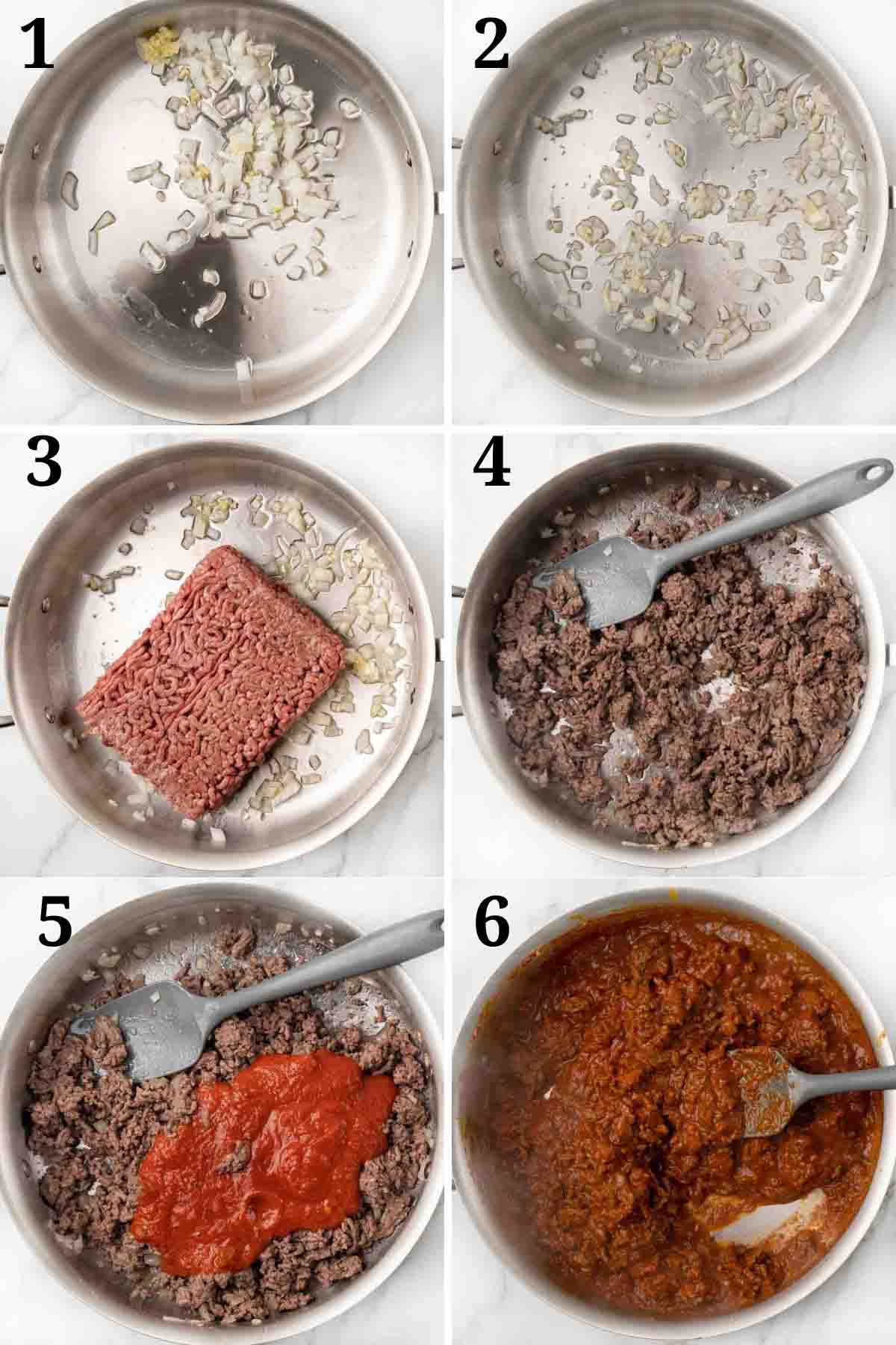 Collage showing how to make meat sauce.