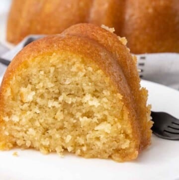 slice of Kentucky butter cake on white plate.