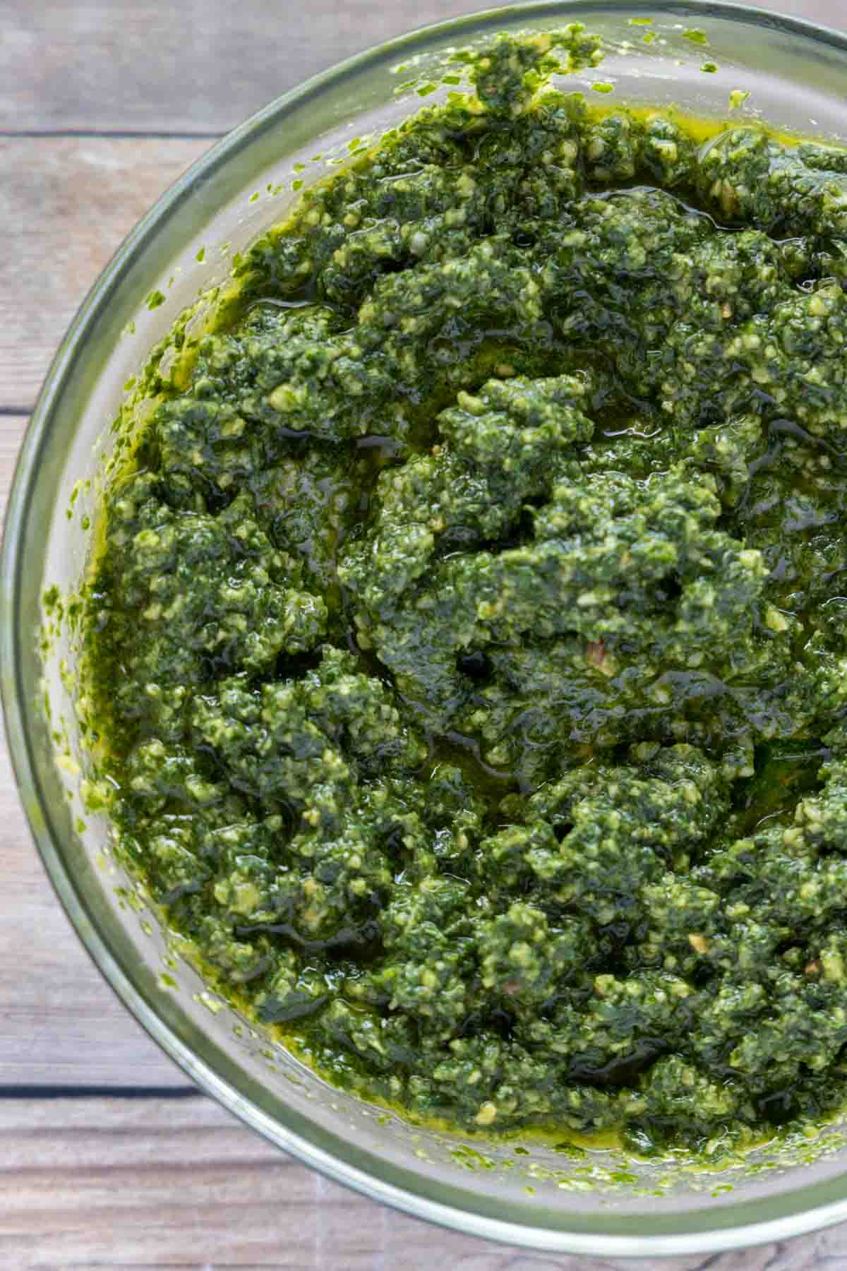 pesto in a glass bowl.