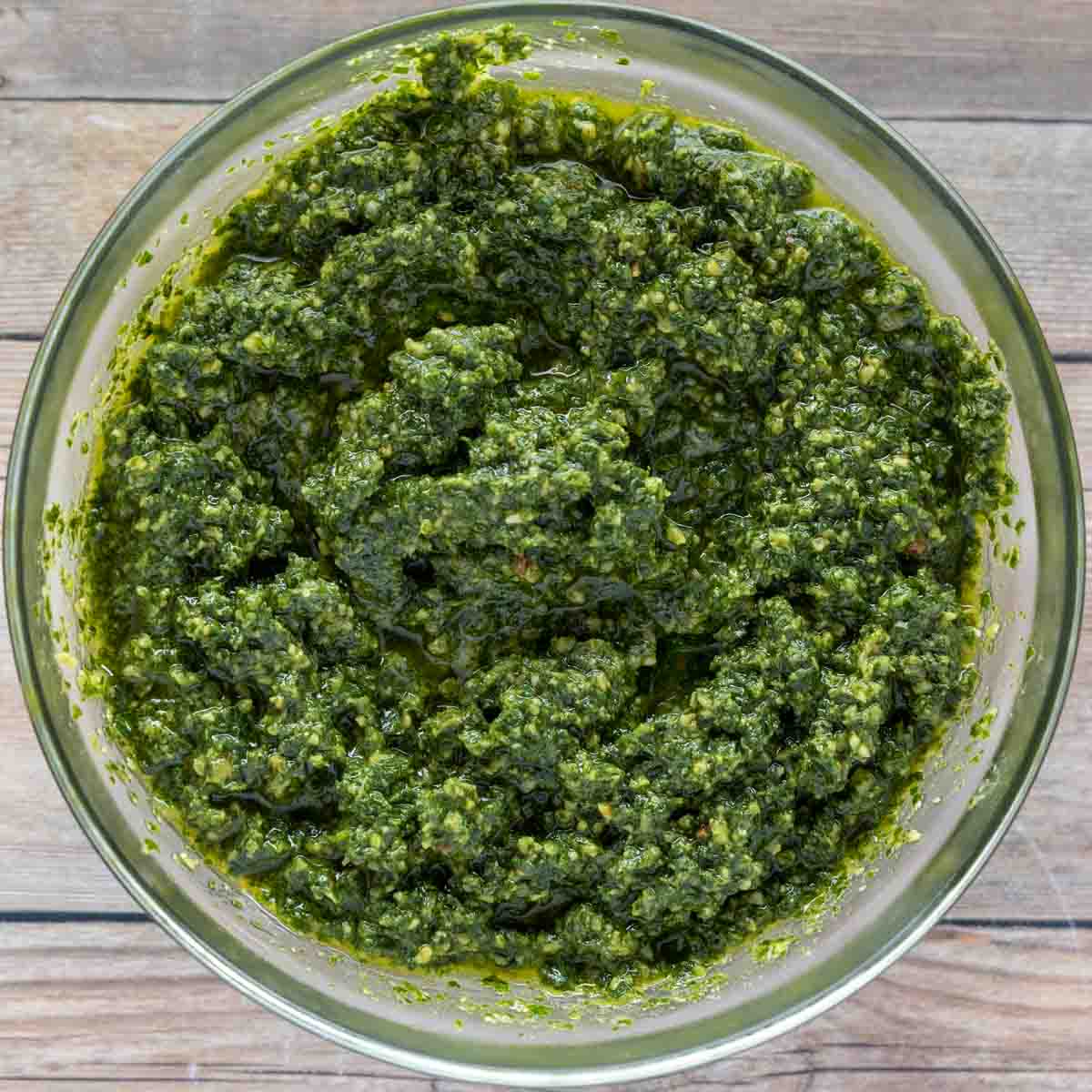 pesto in a glass bowl.